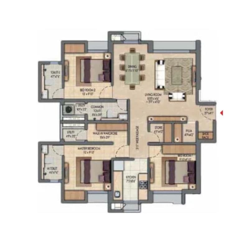 Floor Plan 3 BHK-958 Sq.ft.